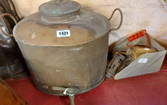 A copper hot water urn - sold with a blow torch and a Bibby seed scoop