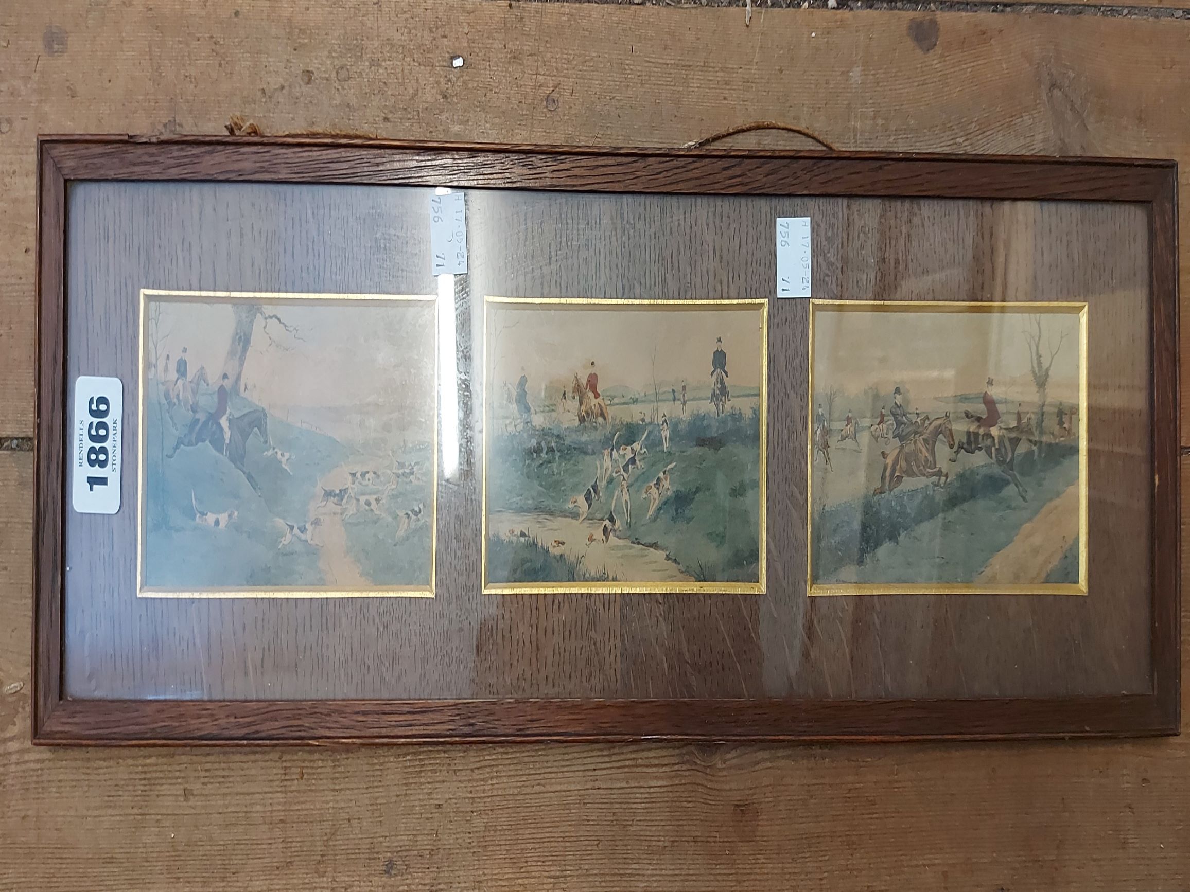 A vintage oak framed triptych of small format hunting scene watercolours