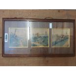 A vintage oak framed triptych of small format hunting scene watercolours