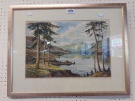 †A.D. Bell: a gilt framed watercolour, depicting a view across Derwentwater, Lake District -
