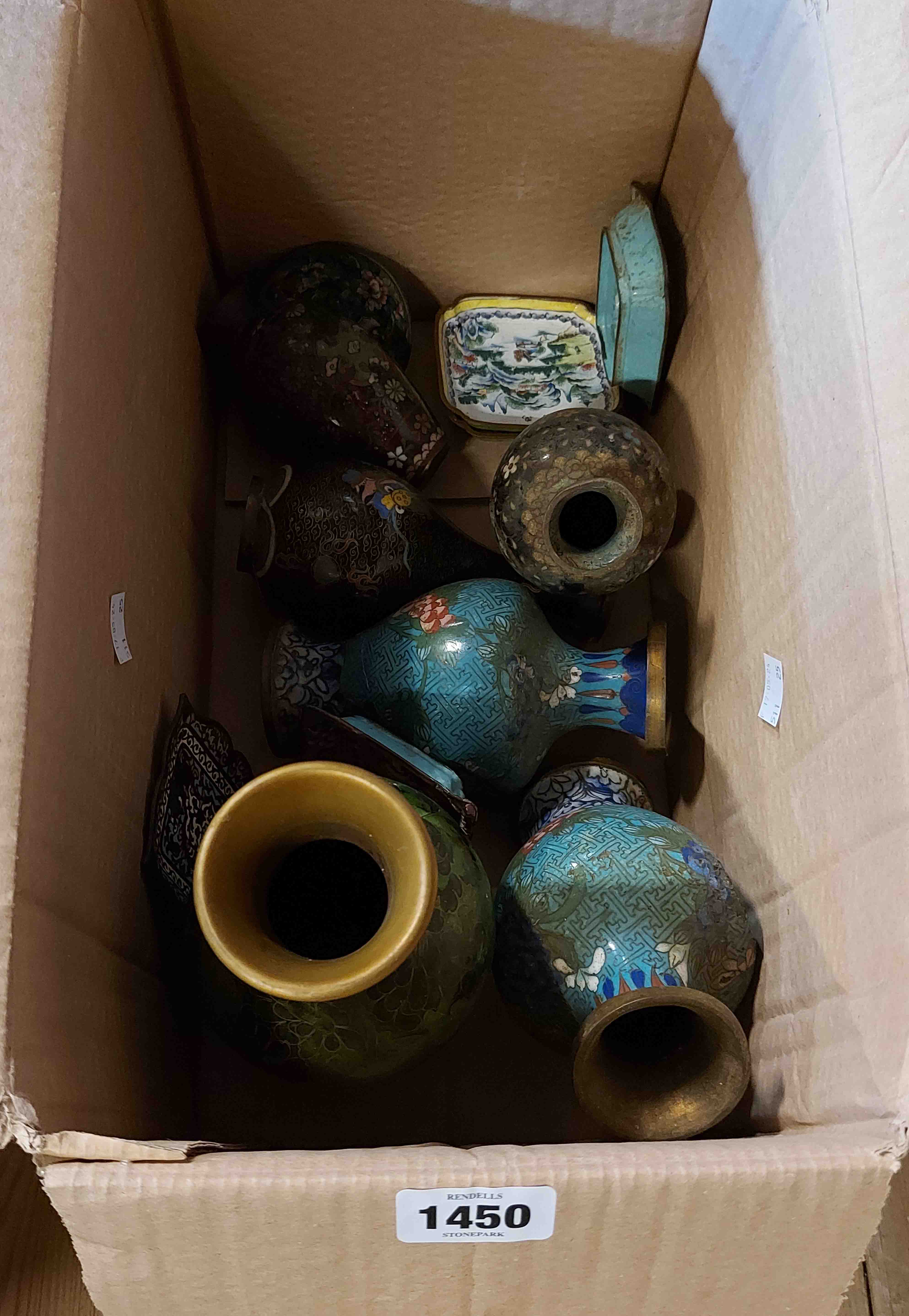 A box containing a quantity of cloisonné items including dishes, vases, etc. - a/f