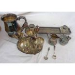 A small quantity of silver plated items including an inkstand with flanking cut glass inkwells,