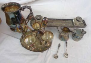 A small quantity of silver plated items including an inkstand with flanking cut glass inkwells,