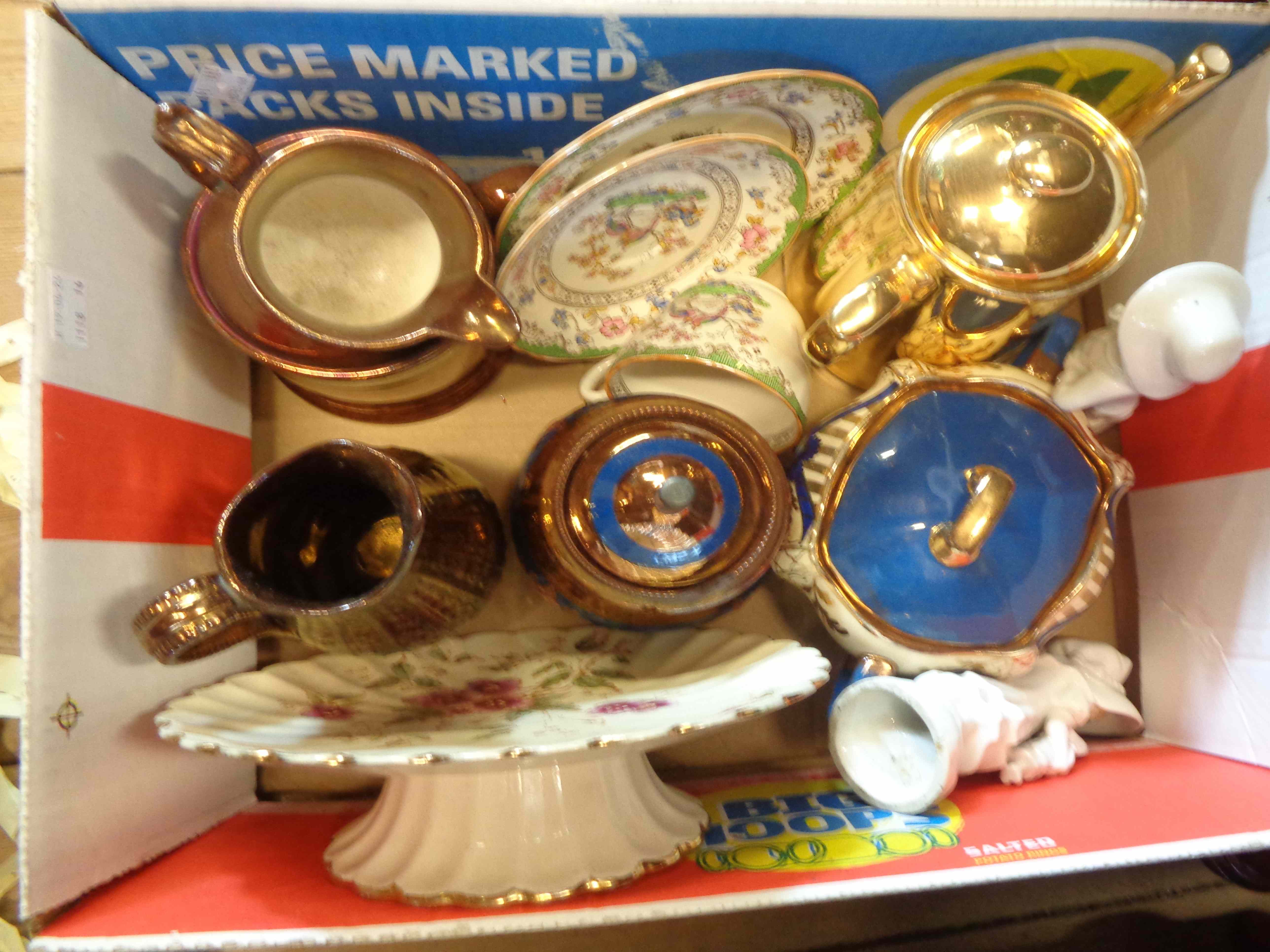A box containing antique and other ceramics including lustre ware, pair of figurines, etc.