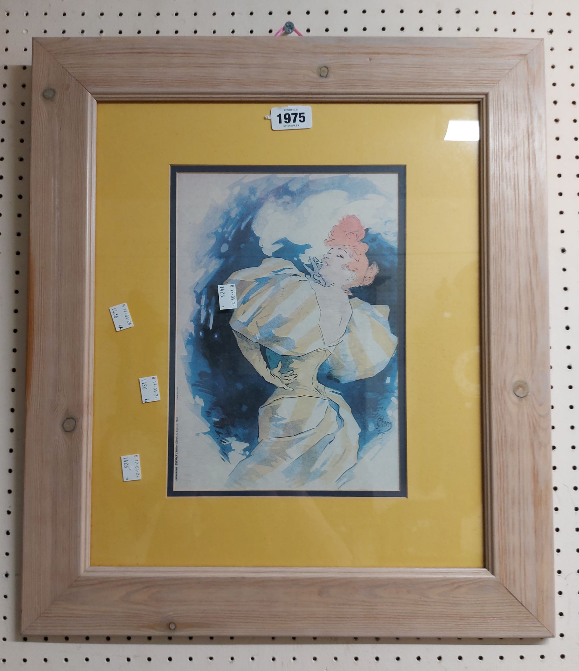 Jules Cheret: a framed reproduction coloured print, depicting a lady smoking