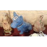 A large SylvaC pottery terrier figurine with blue glaze finish - sold with two resin figurines