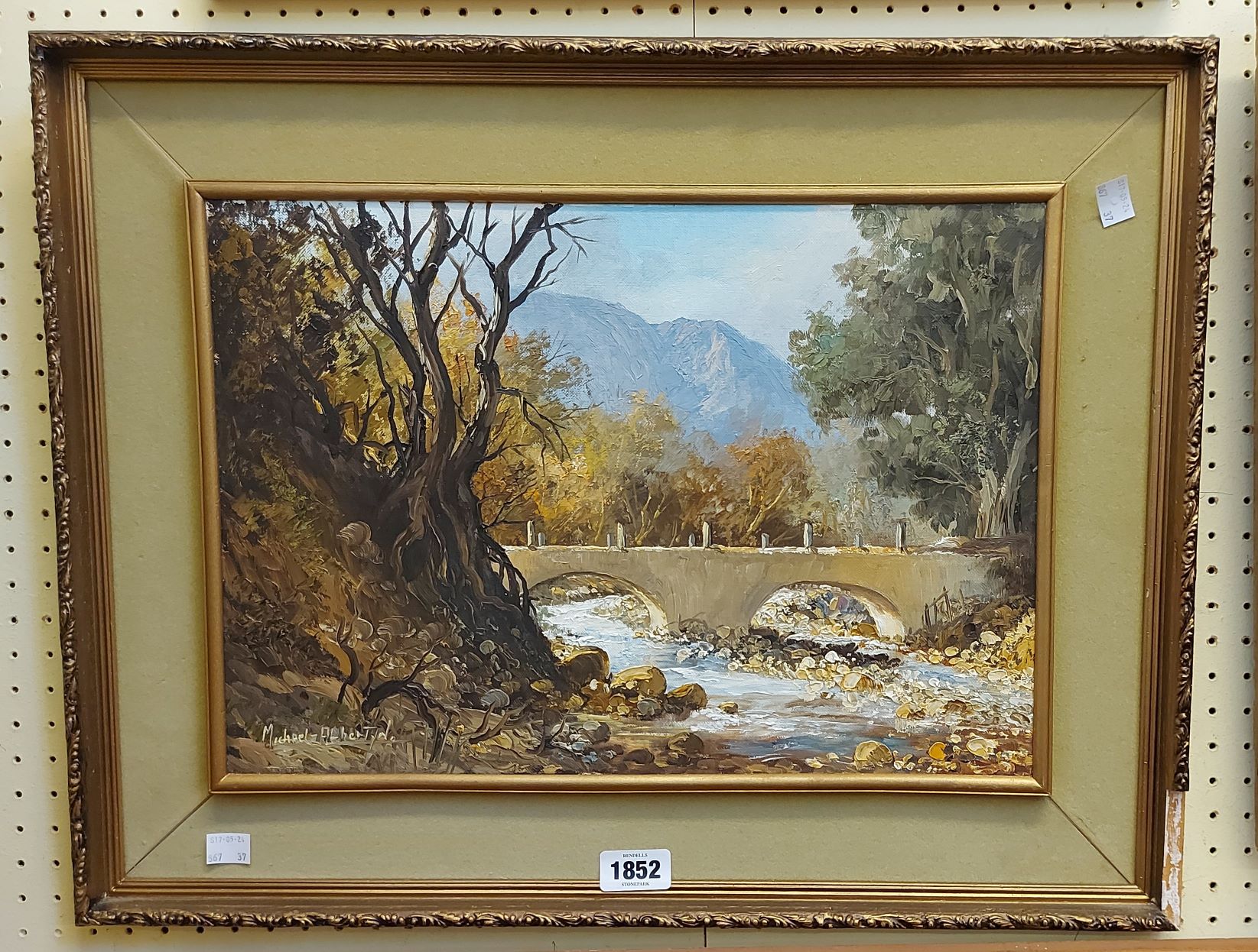 Michael Albertyn (South Africa): a gilt and upholstered framed oil on board, depicting a river