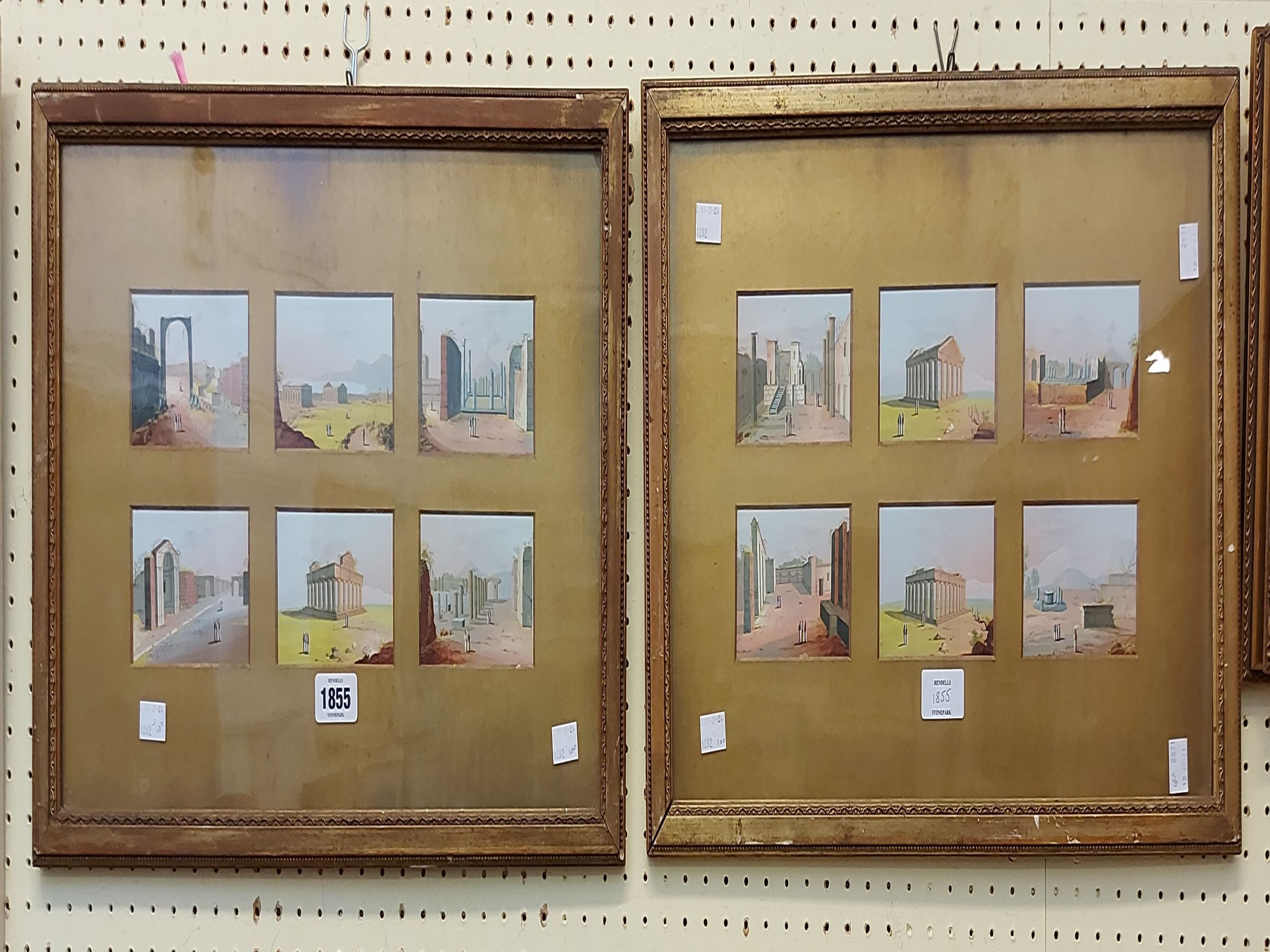 A pair of antique gilt and slipped frames, each containing six Grand Tour gouache scenes of