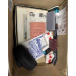 A box containing a quantity of assorted collectable items including a porcelain pin cushion half-