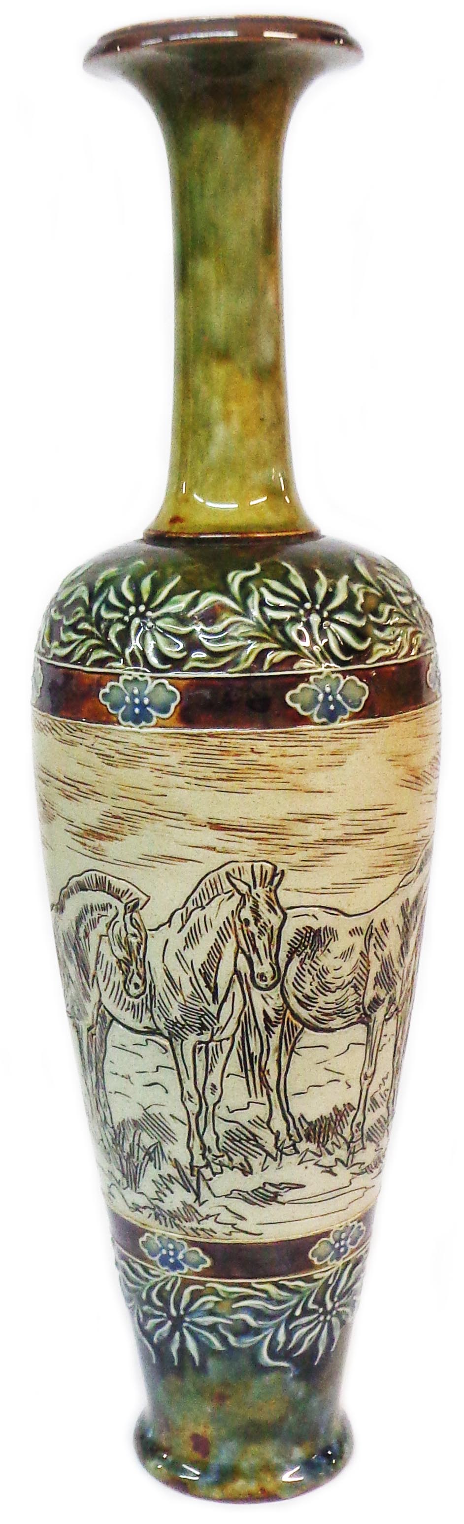 A Doulton Lambeth slender bulbous vase with incised horse group decoration by Hannah Barlow -