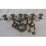 A pair of silver plated copper twin branch three light candelabra (back to copper) - sold with a