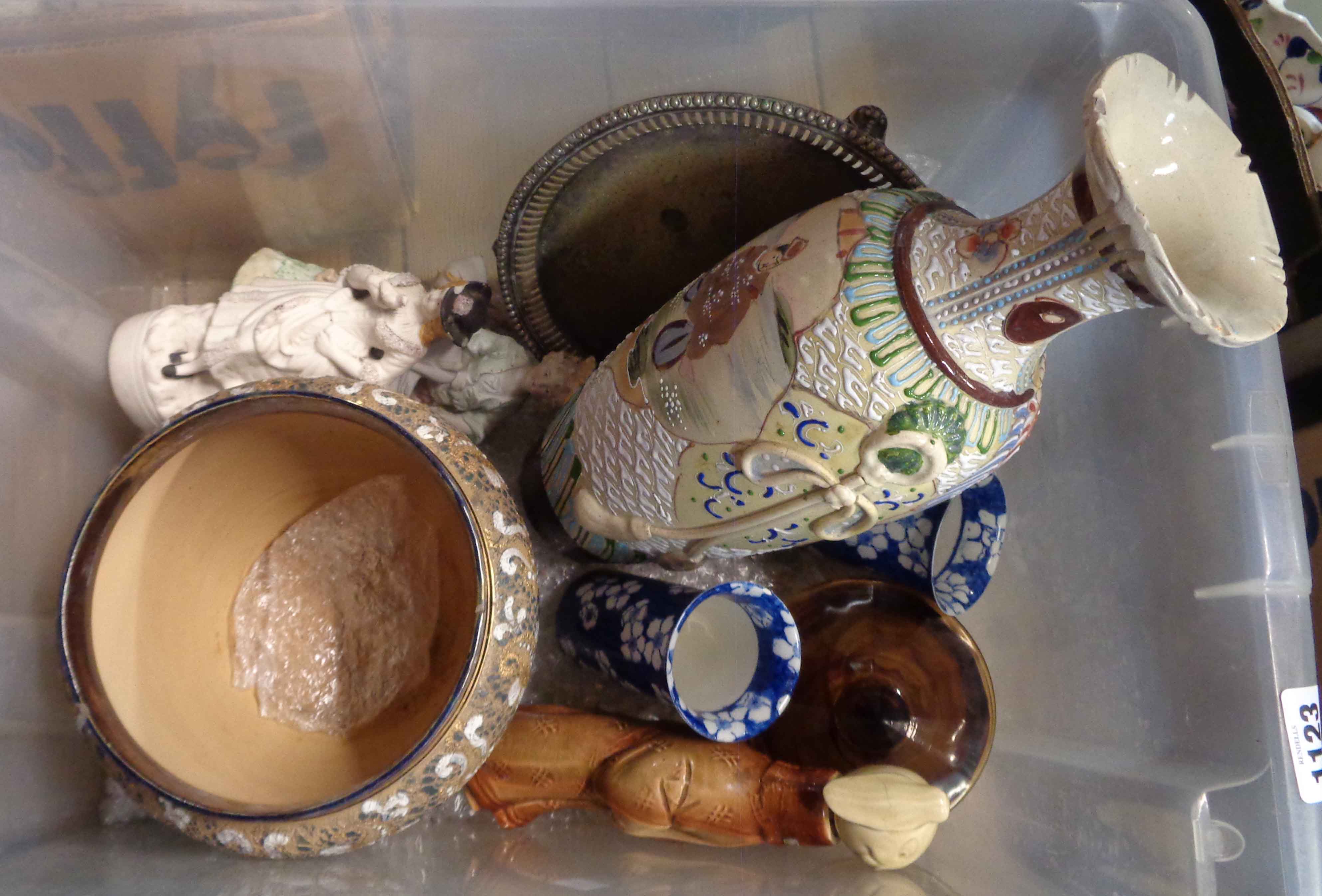 A crate containing a quantity of ceramics including Doulton Lambeth jardinière (a/f), prunus
