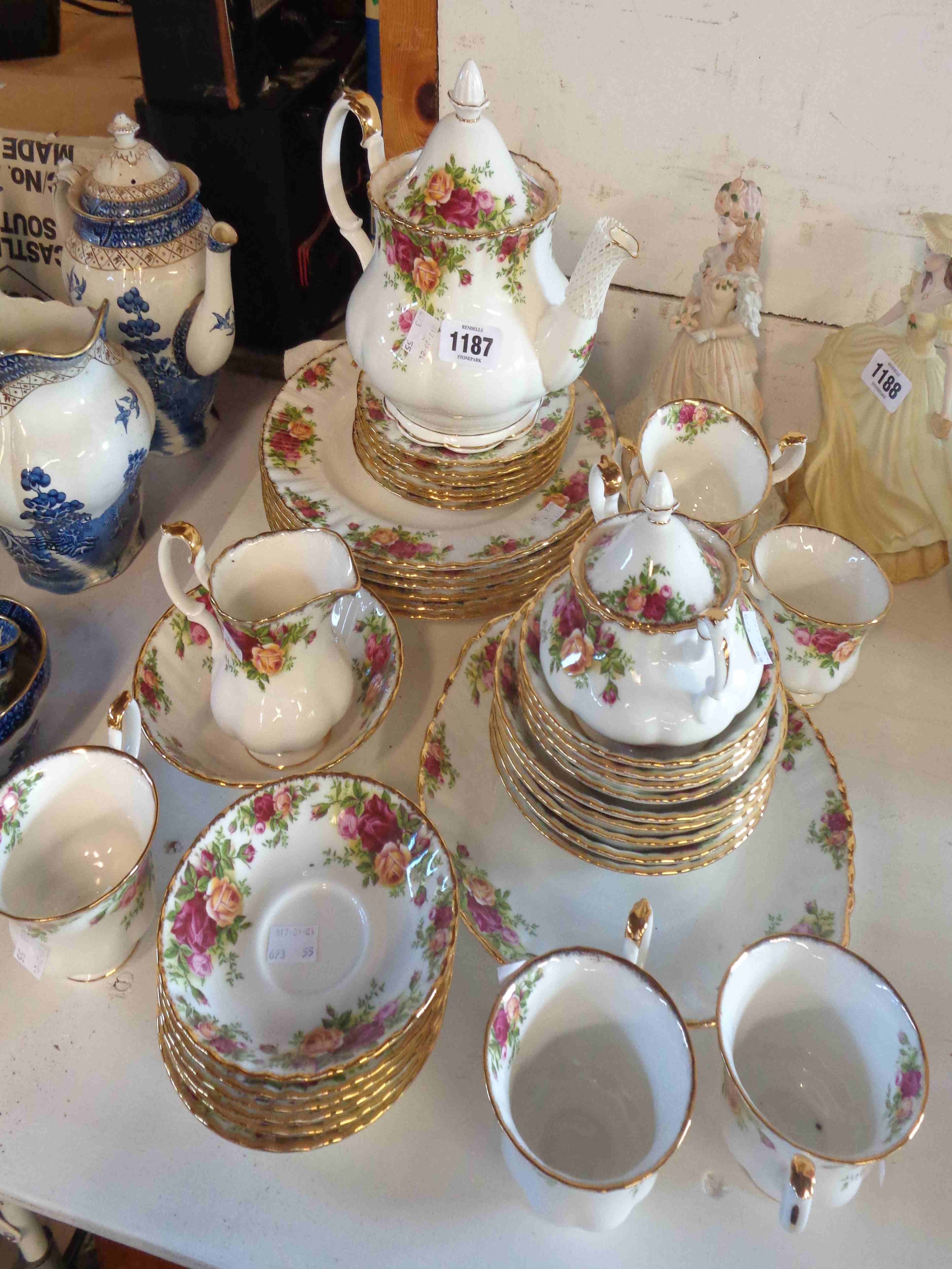 A Royal Albert bone china tea set decorated in the Old Country Roses pattern comprising teapot,