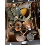 A box containing a quantity of collectable metalware including ornate brass desk tidy, small