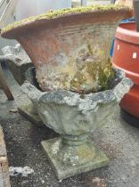 Two concrete urn form planters - sold with another urn top