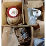 Three boxes containing a quantity of ceramics and glassware including Royal Doulton part tea set.