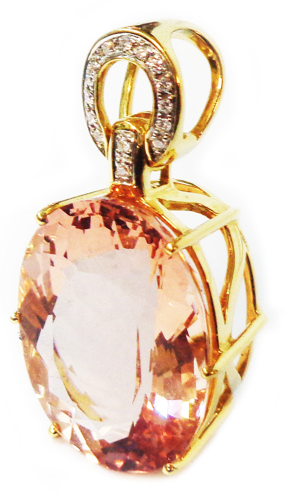 A 750 (18ct.) gold pendant, set with 24.75ct. oval cut morganite and small diamonds to suspender