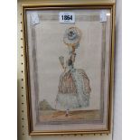 An antique watercolour, a full length portrait of a lady in fashionable 18th Century dress