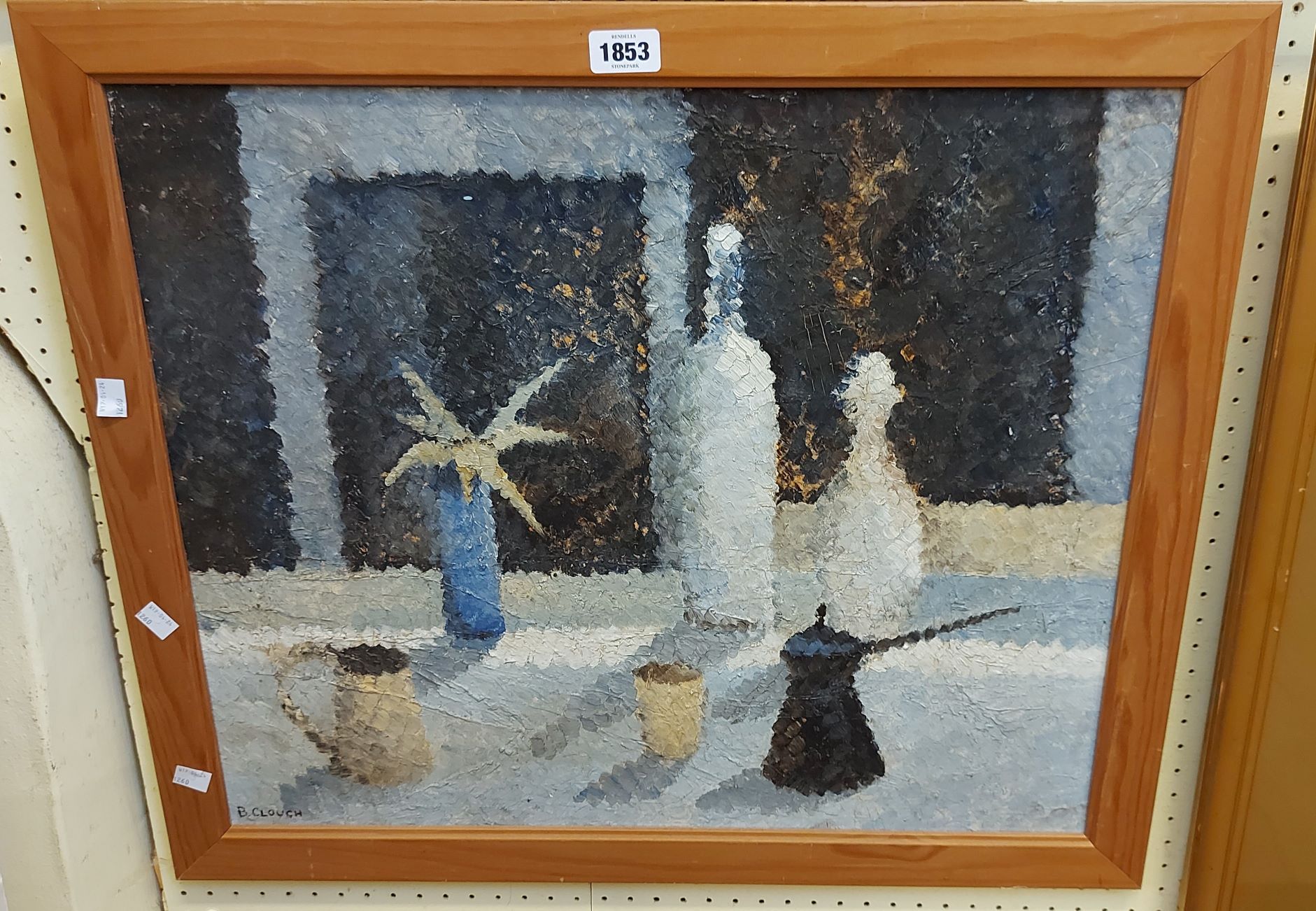 Brenda Clough: a framed oil on hardboard still life with stylised bottle and other vessels on a