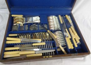 A vintage oak canteen containing a part twelve place setting of Mappin & Webb silver plated cutlery