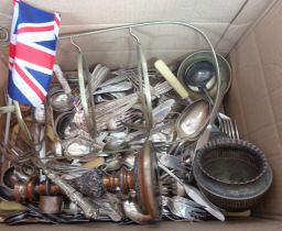 A box containing a quantity of silver plated items including cutlery and candlestick, etc.