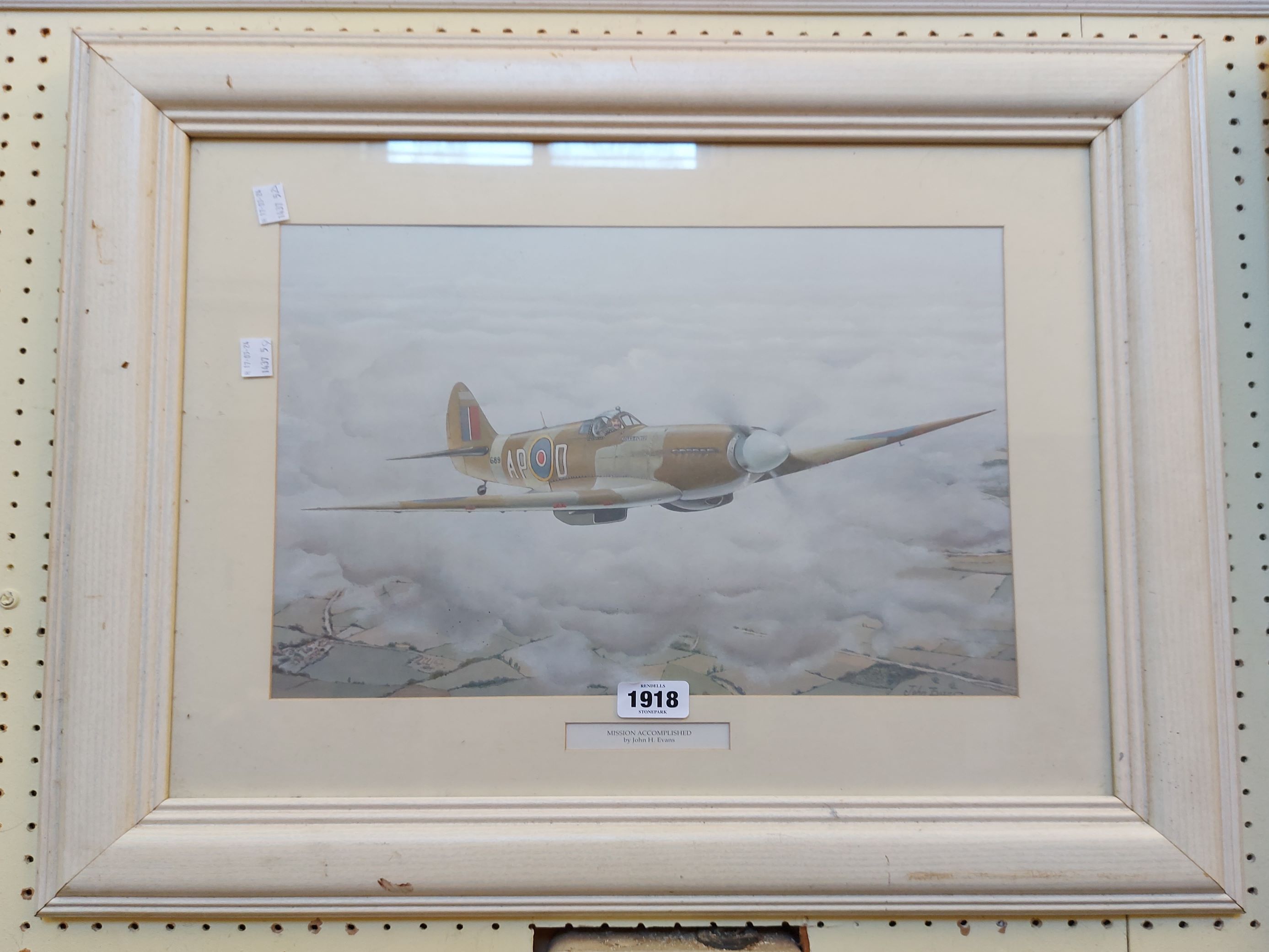 John H. Evans: a framed coloured Spitfire print entitled 'Mission Accomplished'