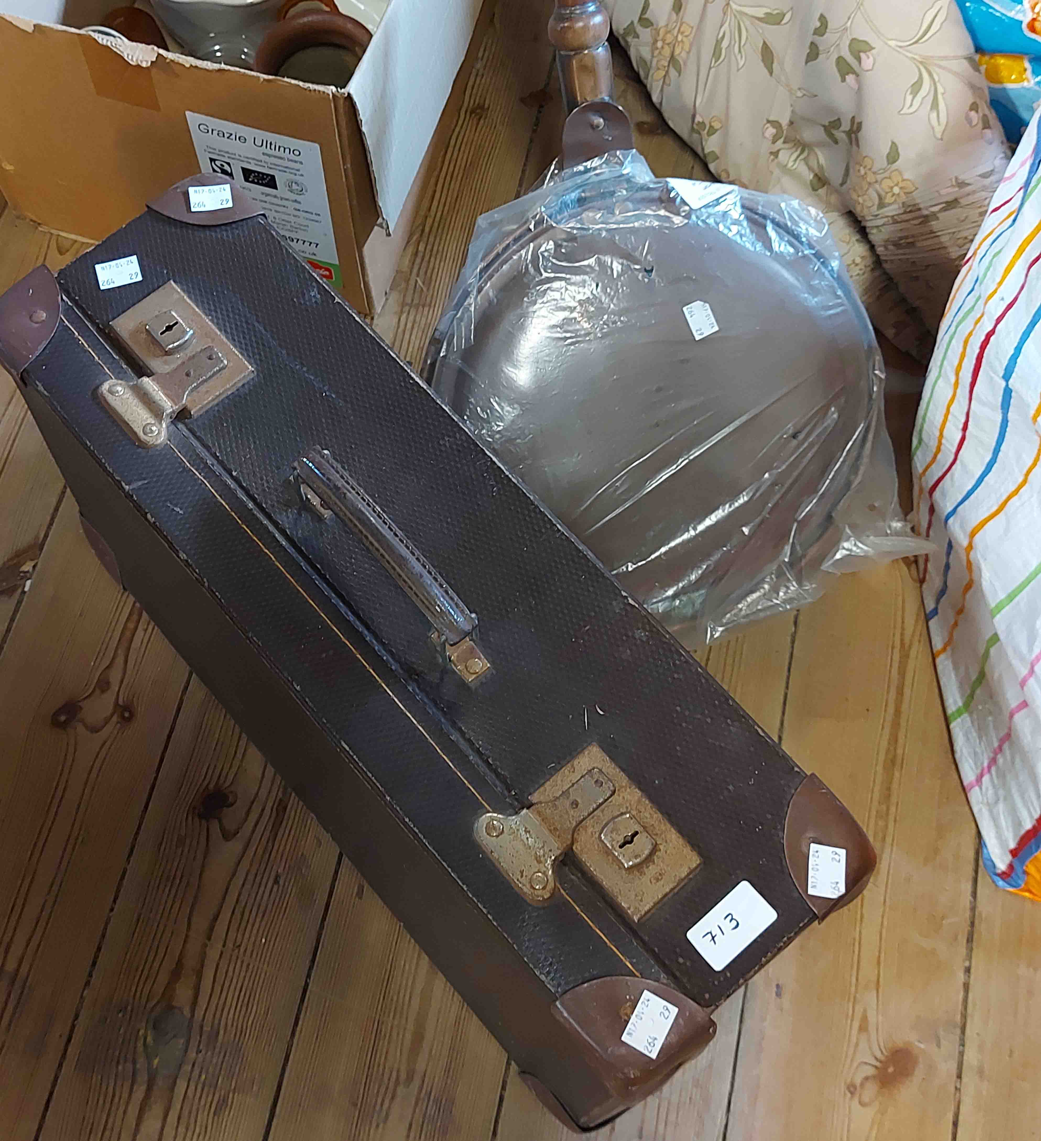 A vintage brown fibreboard suitcase - sold with a warming pan