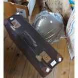 A vintage brown fibreboard suitcase - sold with a warming pan