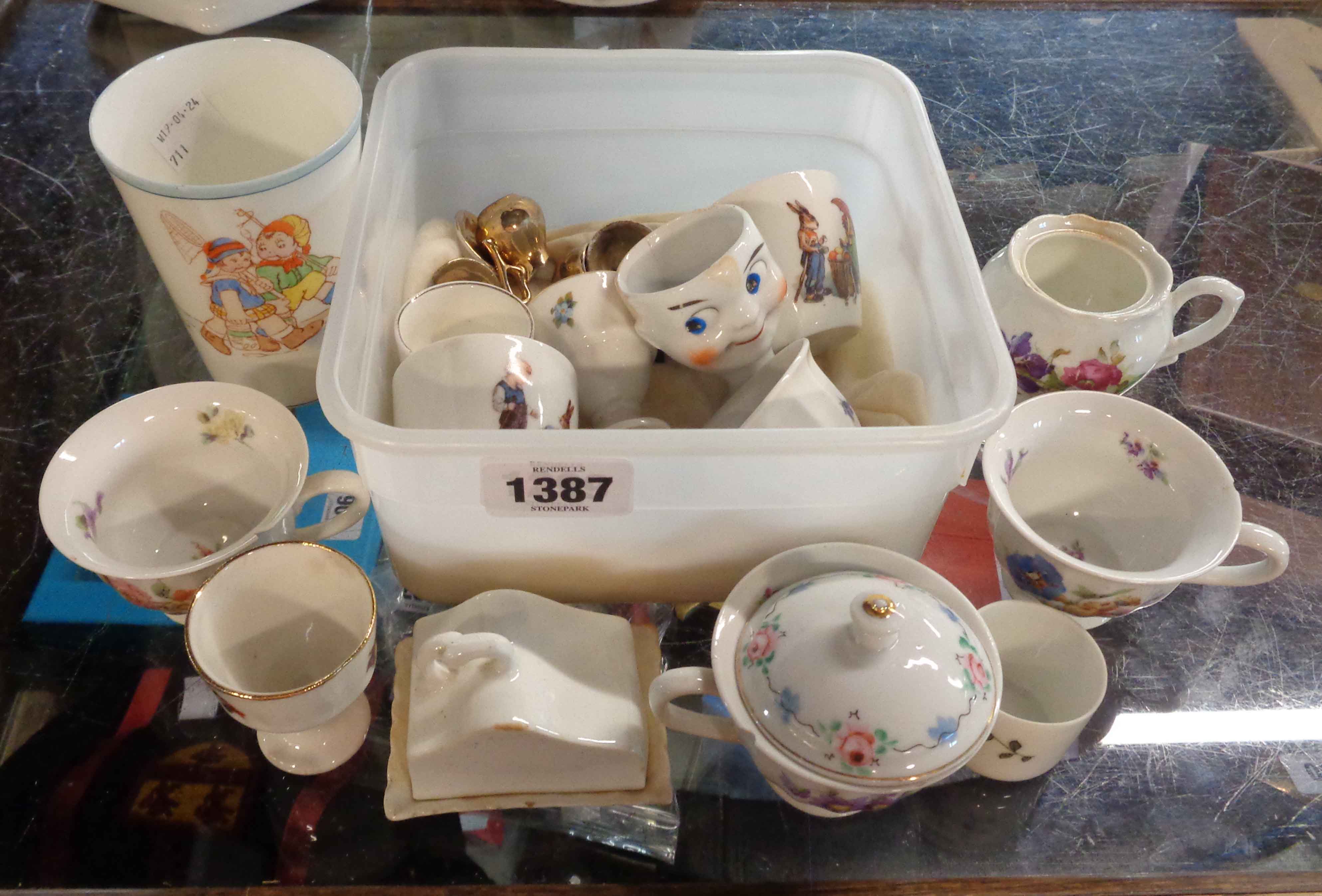 A tub containing a quantity of old children's ceramics including part tea sets, Paragon bone china