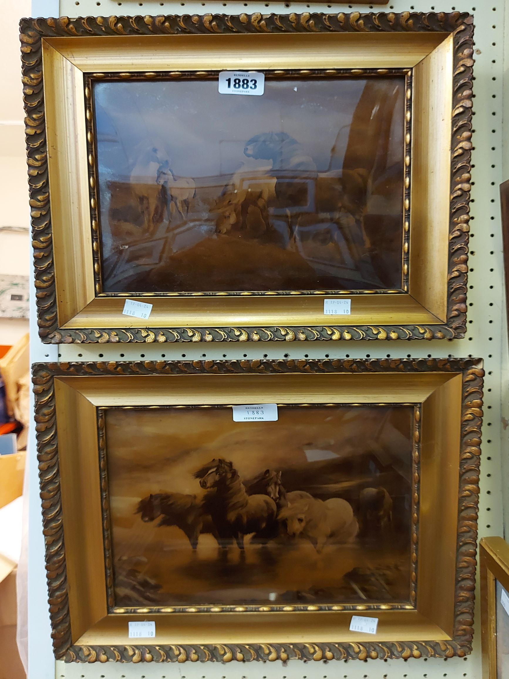 A pair of old gilt framed sepia crystoleums, both depicting moorland ponies