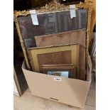 A box containing a quantity of assorted prints including gilt framed lithographic portrait of a