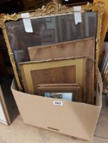 A box containing a quantity of assorted prints including gilt framed lithographic portrait of a