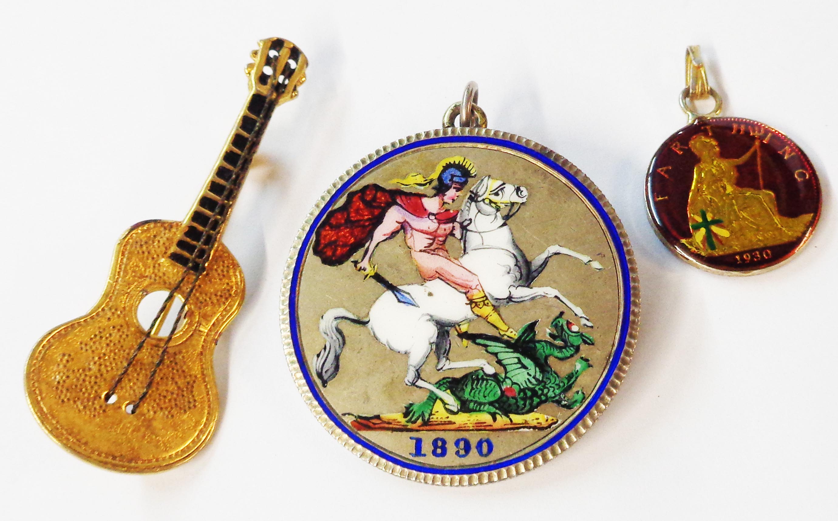 An enamelled 1890 Crown coin pendant, etc.