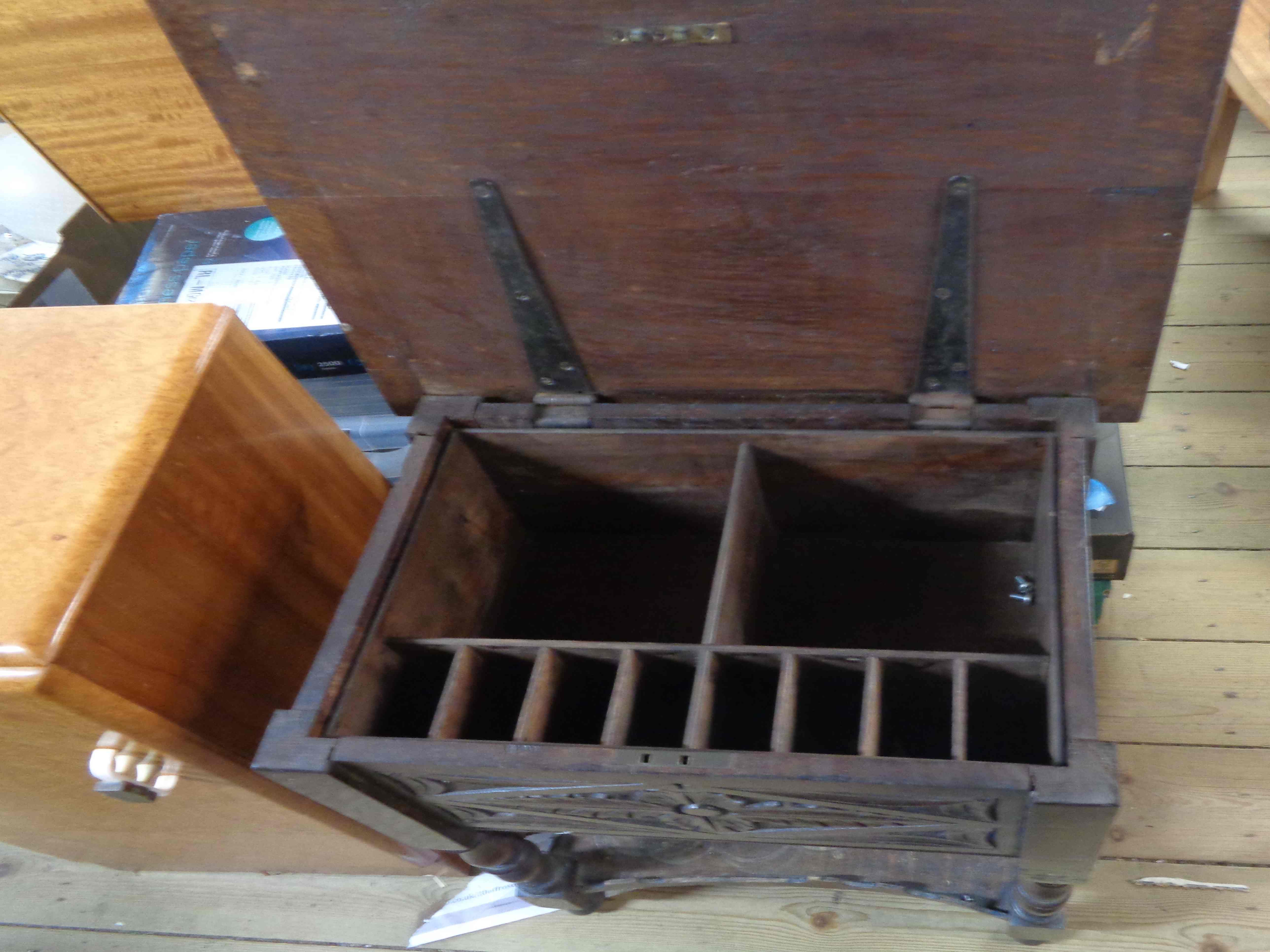 A 52cm antique carved oak lift-top box with pull-out partitioned interior, set on turned supports - Image 2 of 2