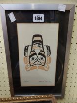 †Robert Davidson: a metal framed tribal Canadian image in red and white entitled 'Beaver' - signed
