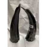 A pair of carved horn figures, depicting penguins with inset eyes - one with chipped off beak