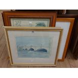 Six assorted framed coloured prints including William Thomas, map of Devonshire, etc.