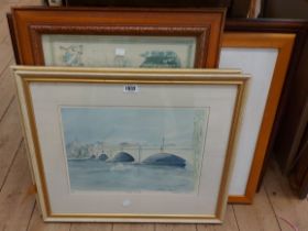 Six assorted framed coloured prints including William Thomas, map of Devonshire, etc.