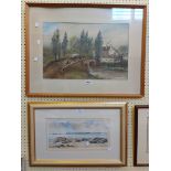 R.N. Lye: a framed pastel drawing, depicting a donkey and cart going over a bridge with