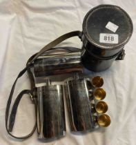 A vintage German leather cased and EPNS hunting flask set with shot glasses