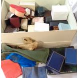 A shoebox containing a collection of empty jewellery boxes and bags