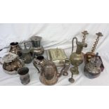A box containing a quantity of silver plated items including assorted teaware and a damaged silver