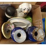 A box containing a quantity of ceramics and collectable items including Staffordshire dog,