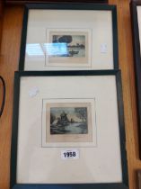 A pair of small dry point coloured etchings, one entitled 'A Bend in the River', the other 'The