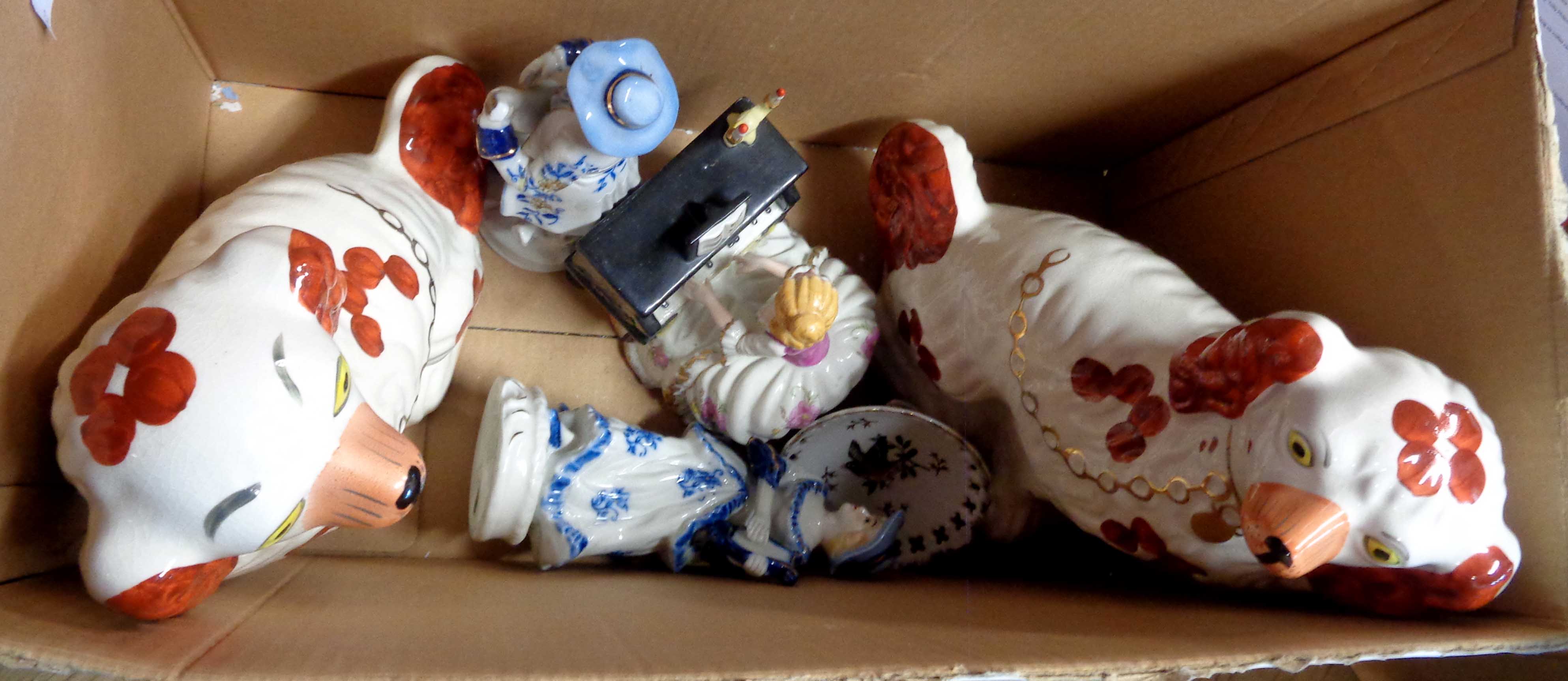 A box containing a quantity of ceramics including a pair of 20th Century Wood's Staffordshire