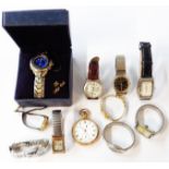 A bag containing assorted ladies' and gentlemen's wristwatches including a boxed Oscar Emil blue