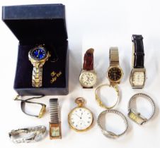 A bag containing assorted ladies' and gentlemen's wristwatches including a boxed Oscar Emil blue