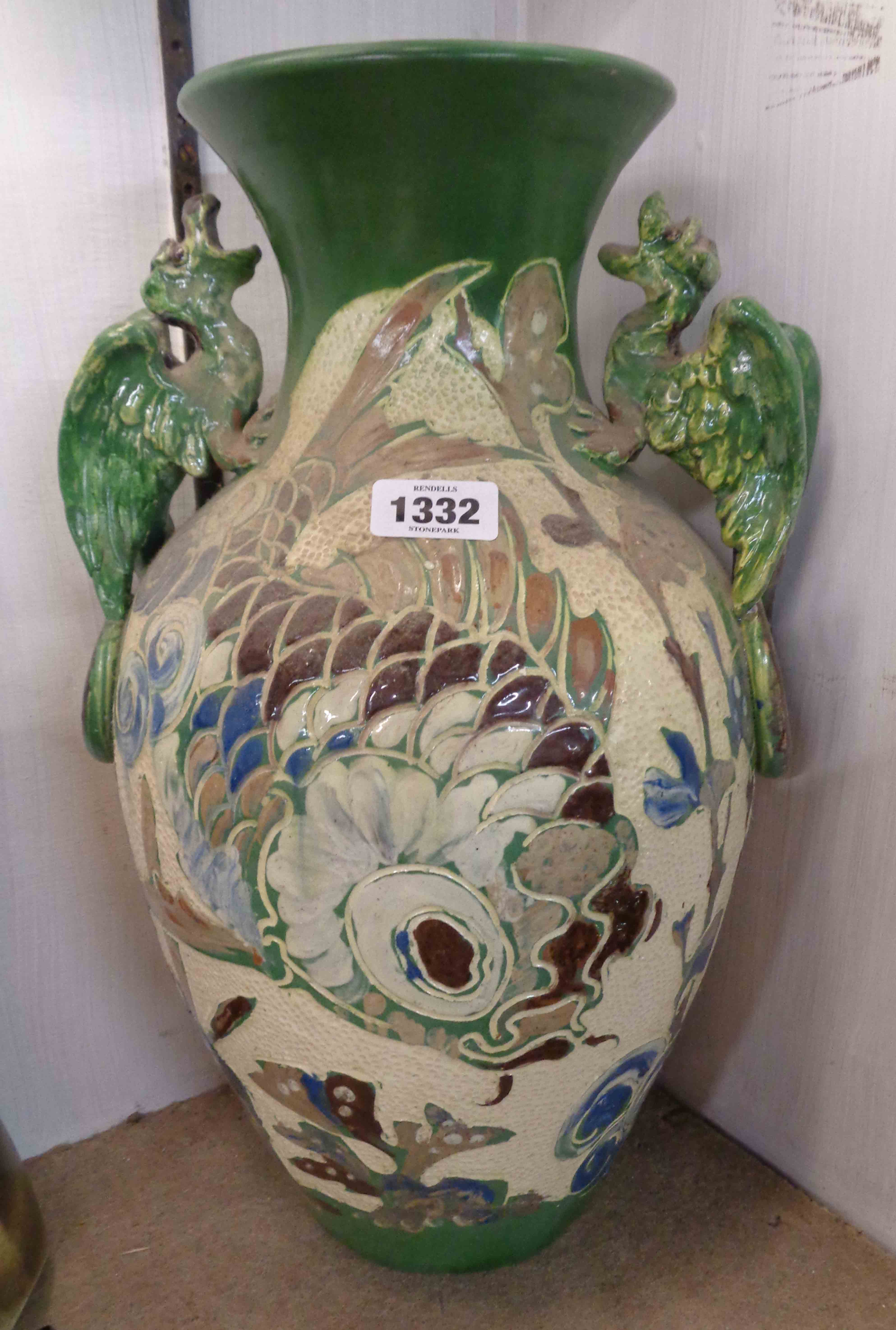 A large Art Nouveau Baron Barnstaple Art Pottery vase of baluster form with dragon handles and - Image 2 of 2