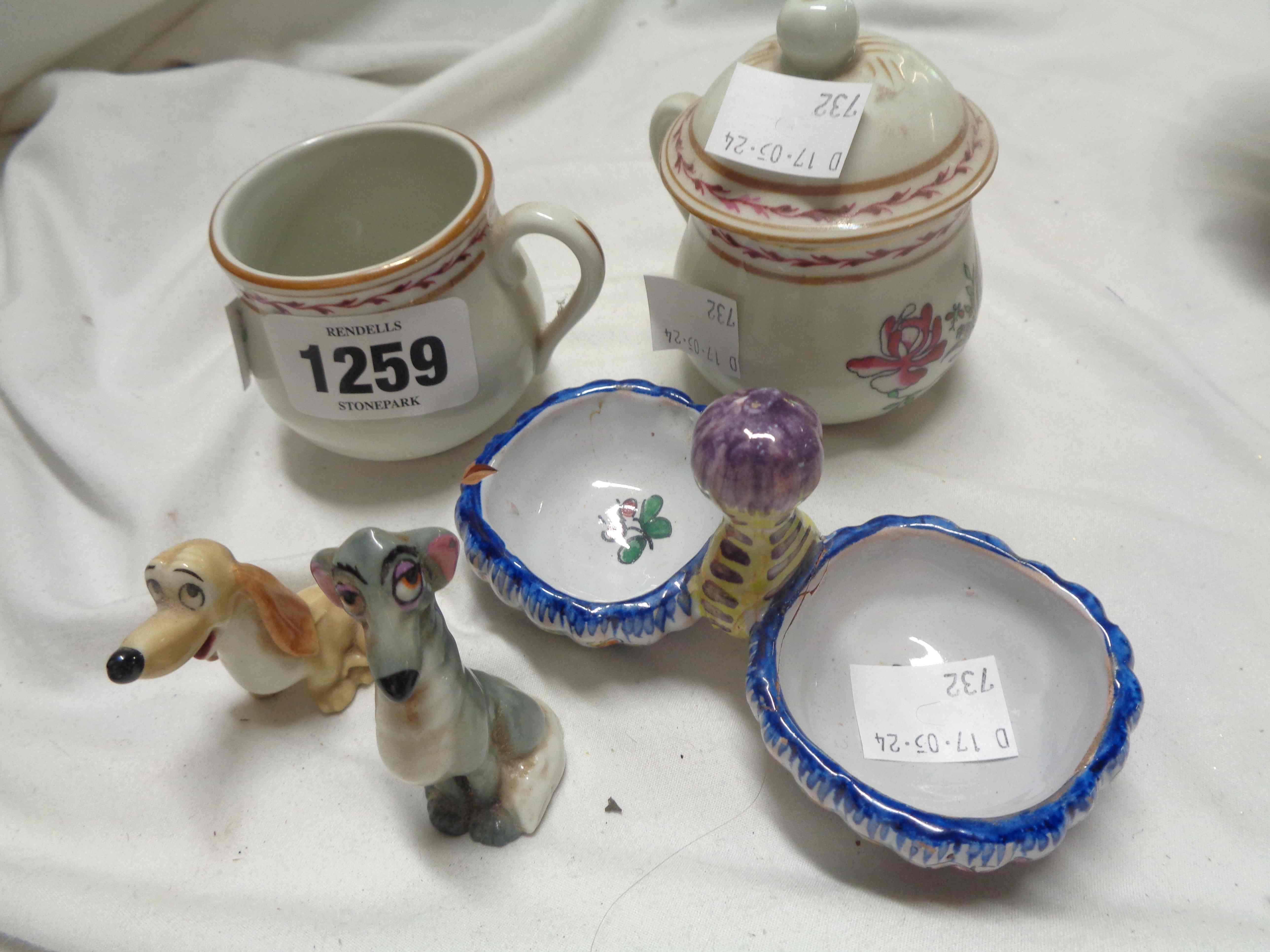 A small quantity of ceramics comprising two Wade Disney hat box figurines, two VA Portugal mustard