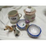 A small quantity of ceramics comprising two Wade Disney hat box figurines, two VA Portugal mustard